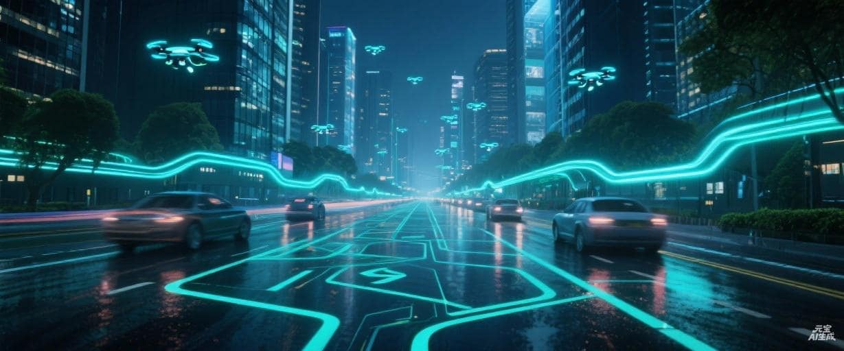Cosmorigin concept art: actively glowing traffic lines and signage on a smart road at night